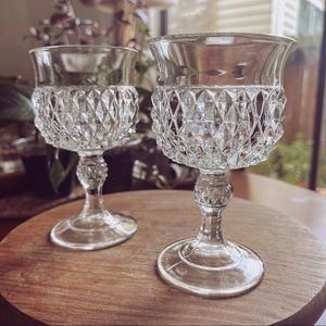 Vintage Indiana Glass Diamond Point Stemmed Wine Goblet Set of 2